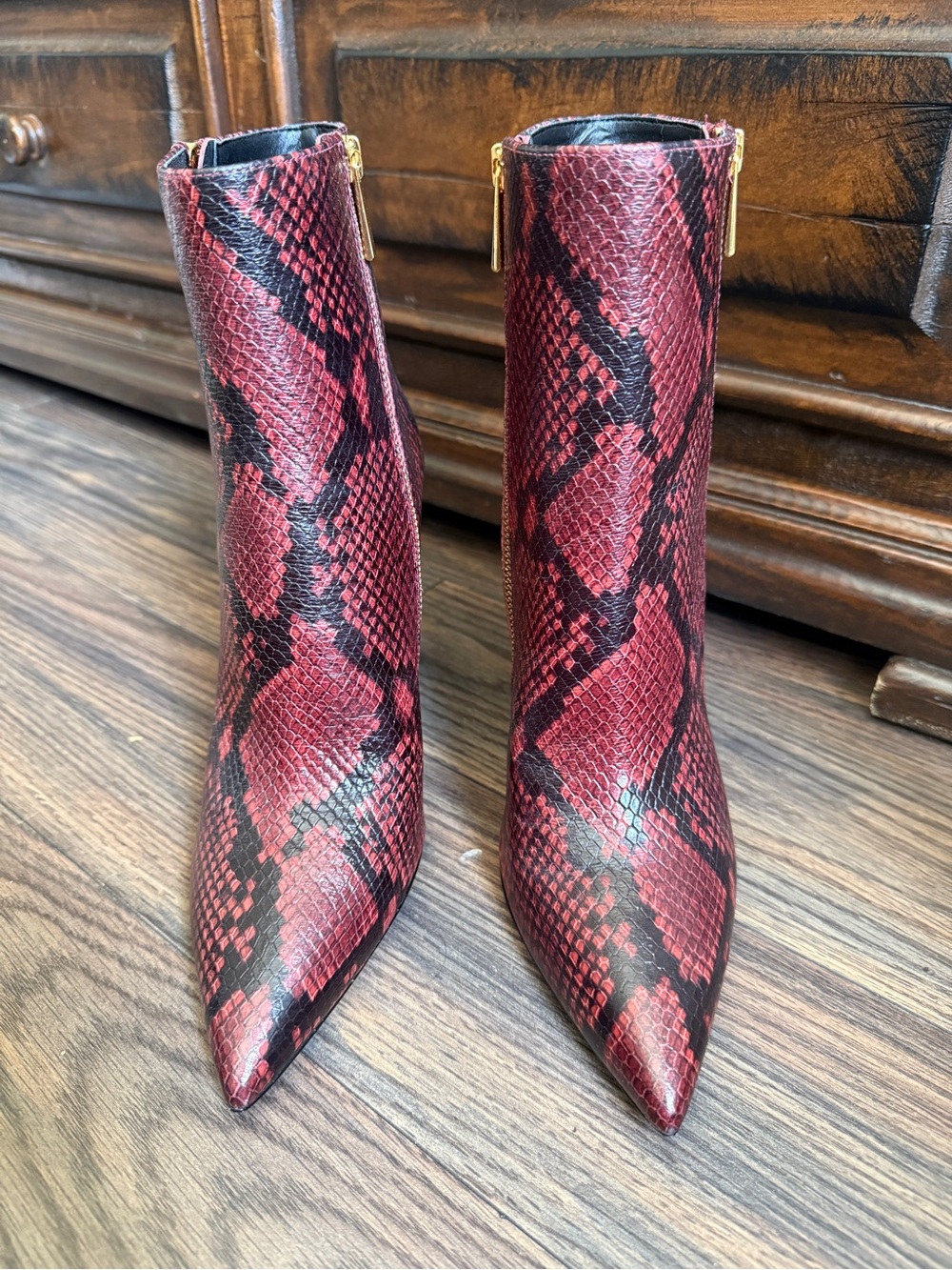 NWOT Michael Kors Red Snake-Print Pointed Ankle Booties with Side Zip